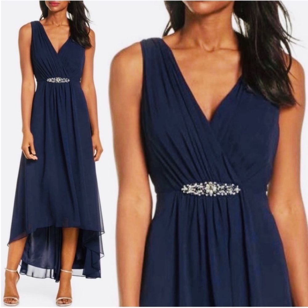 Eliza‎ J Embellished High Low Dress Navy Blue 14